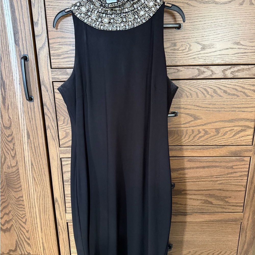 SLNY Black Midi Dress with Embellished Collar